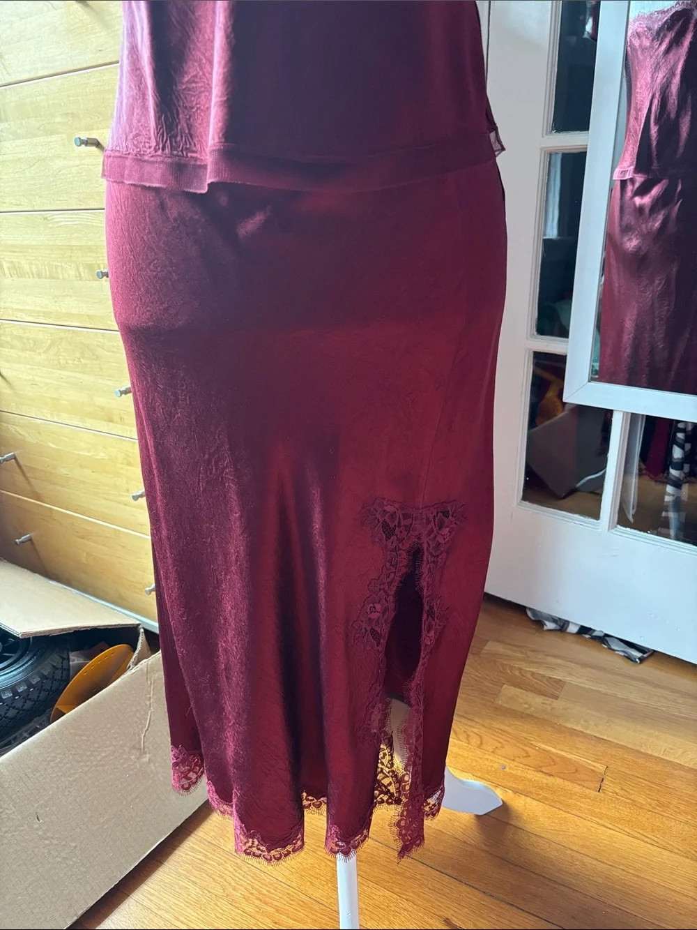 Matching set Jcrew, wine red lace trim cami and skirt with side slit